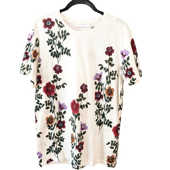 NWOT Sandro Floral Print Ivory 100% Cotton Short Sleeve Crew Tee Shirt Women's 6 - Picture 2 of 9